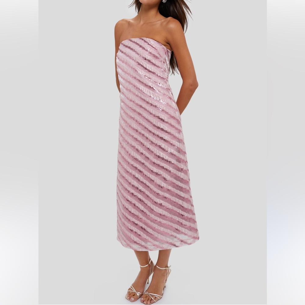 Soft Pink Shimmer Stripes Mila Strapless Midi Dress